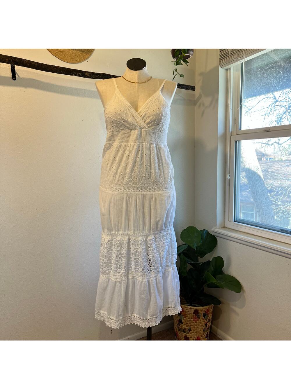 Y2K Cute Options White 100% Cotton Lace Crochet Tiered Maxi Dress Size Large